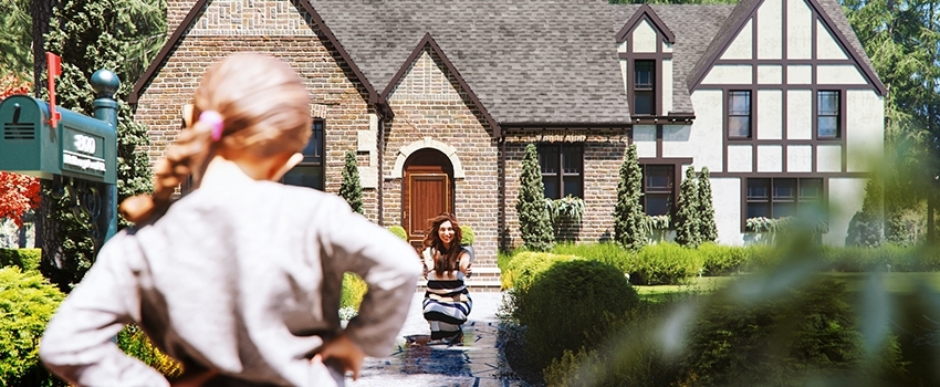 3D rendered house scene with scanned woman and child model