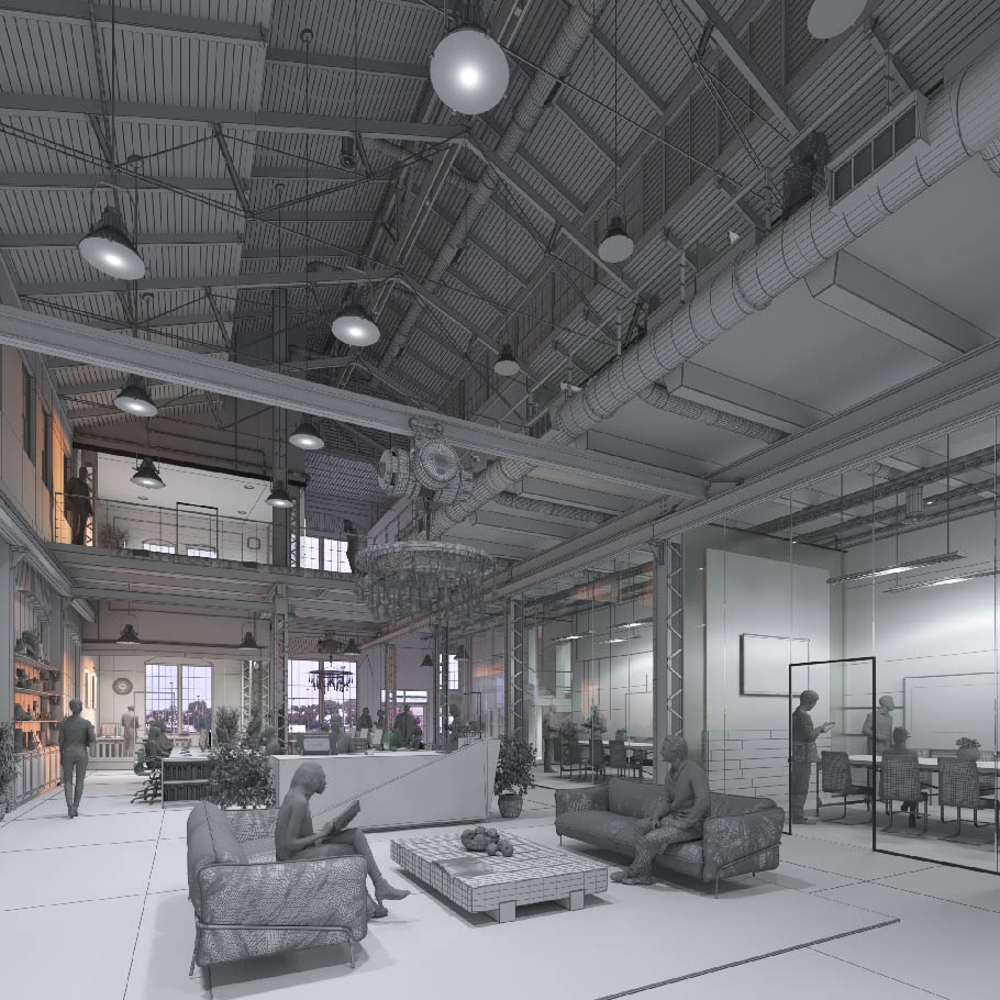 3D wireframe render of an reused warehouse