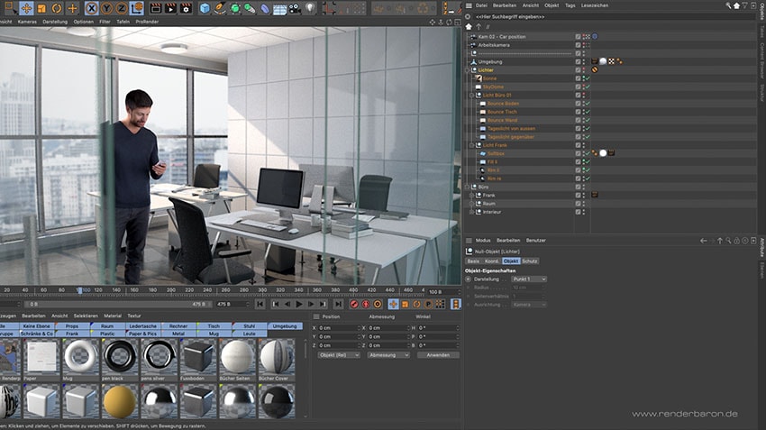 Cinema 4D Viewport of an office scene Rendering