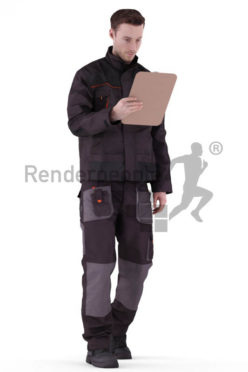 3d people worker, white 3d man walking looking at his clipboard