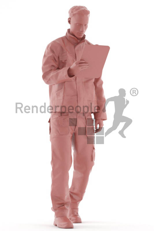 3d people worker, white 3d man walking looking at his clipboard