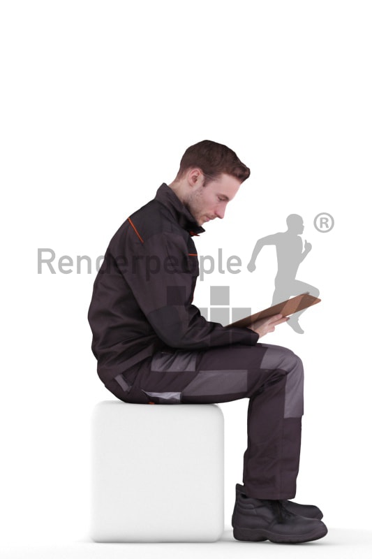 3d people worker, white 3d man sitting