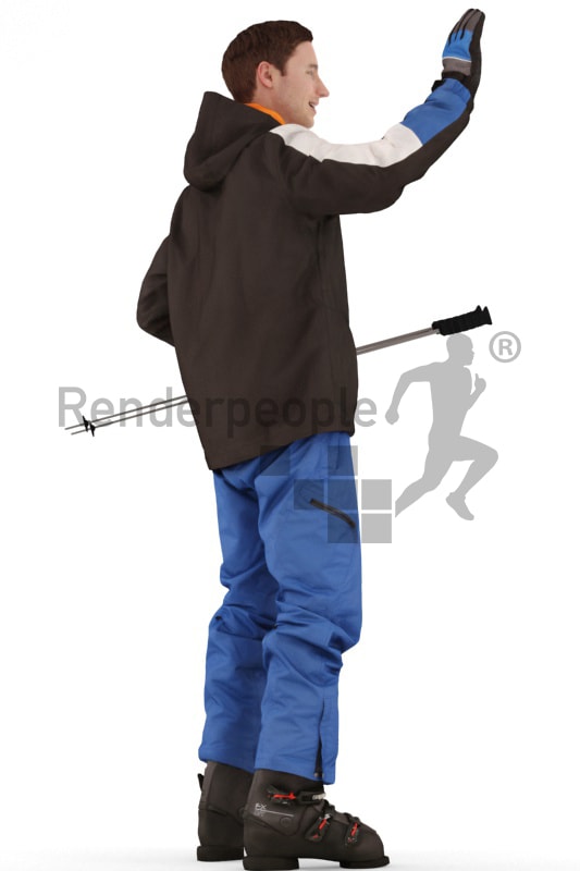3d people skiing, white 3d man standing and waving
