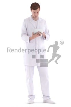 3d people healthcare, white 3d man standing and holding tablet