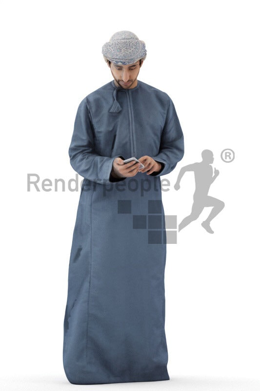 Scanned 3D People model for visualization – middle eastern man in casual traditional clothes, standing and typing on his smartphone