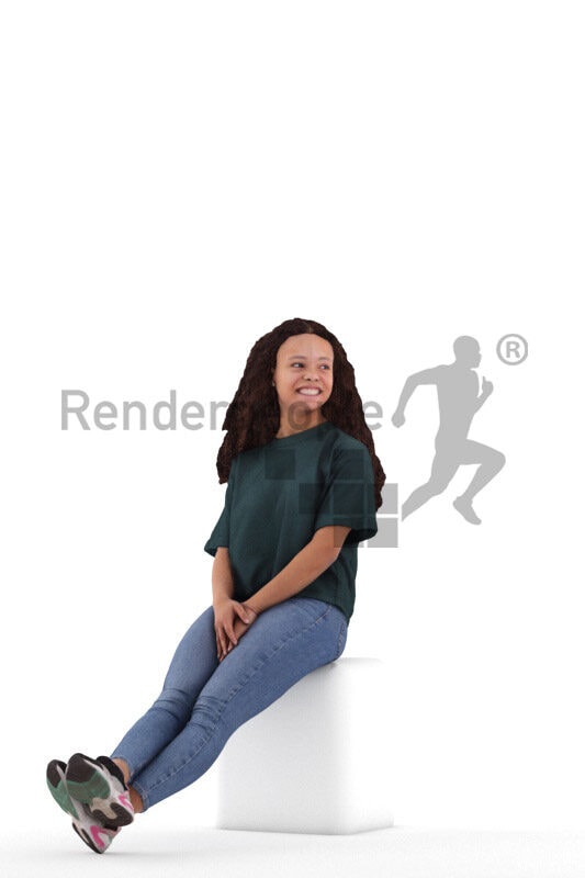 Photorealistic 3D People model by Renderpeople – black woman in daily wear, sitting and listening