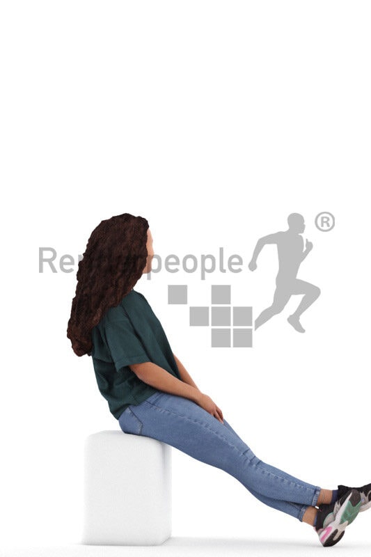 Photorealistic 3D People model by Renderpeople – black woman in daily wear, sitting and listening