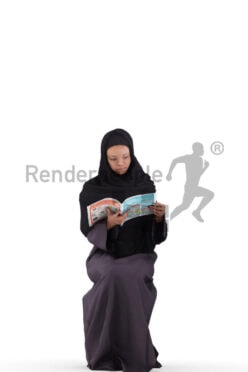Posed 3D People model for visualization – black woman in traditional hijab, sitting and reading a magazine