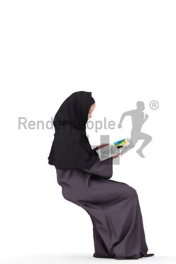 Posed 3D People model for visualization – black woman in traditional hijab, sitting and reading a magazine