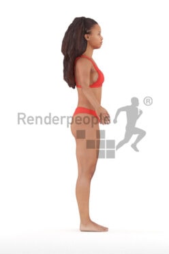 Rigged 3D People model for Maya and 3ds Max – black young woman in red bikini, for beach and pool renderings