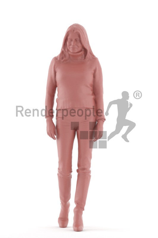 Scanned human 3D model by Renderpeople – elderly european woman in casual winter look, walking