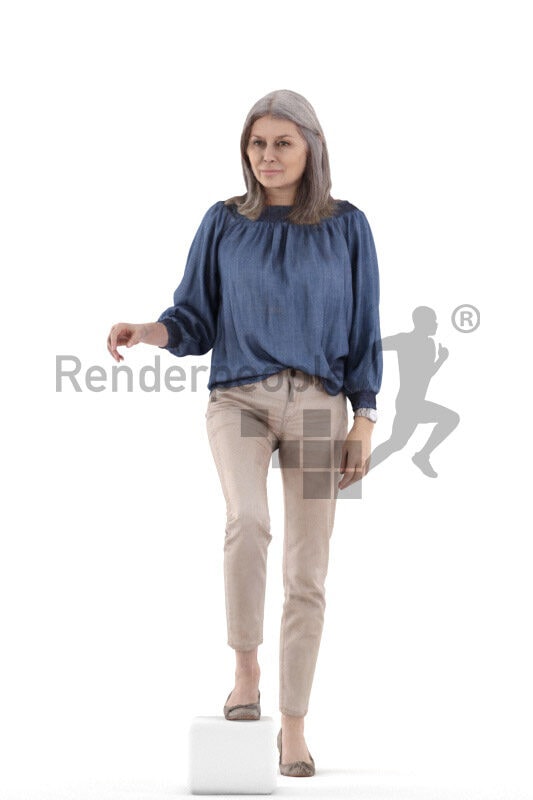 Posed 3D People model for renderings – elderly white woman in smart casual shirt, walking upstairs