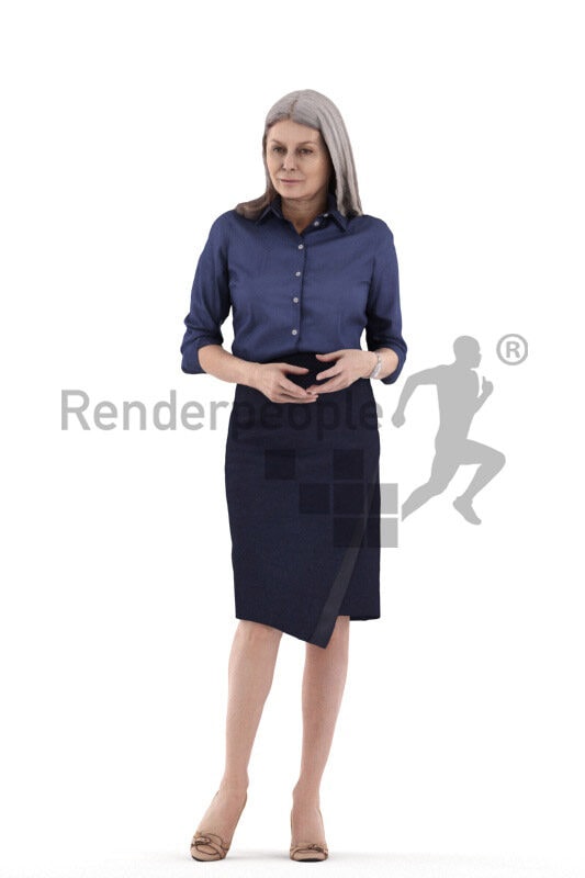 Scanned 3D People model for visualization – elderly white woman standing and walking and wearing office clothing