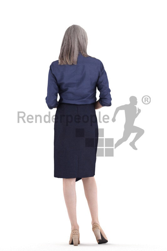 Scanned 3D People model for visualization – elderly white woman standing and walking and wearing office clothing