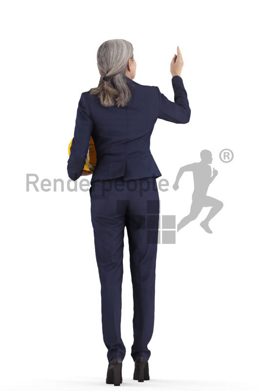 Posed 3D People model for visualization – elderly white woman in business suit, helmet, pointing