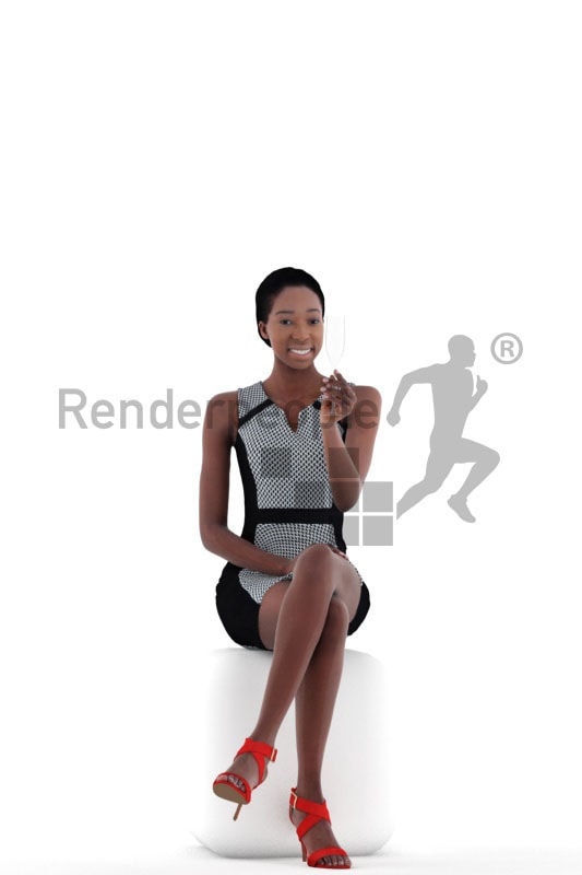 3d people evening, black 3d woman sitting and holding champagne glass
