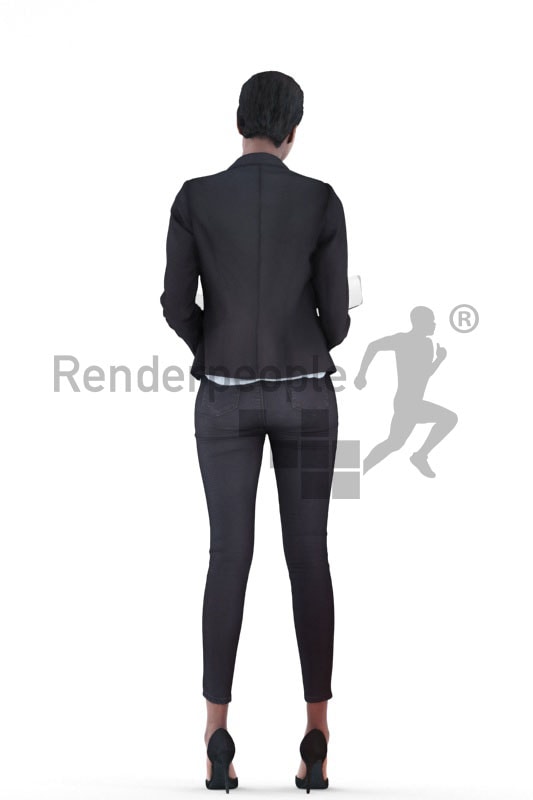 3d people business, black 3d woman standing and looking into folder