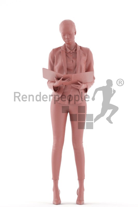 3d people business, black 3d woman standing and looking into folder