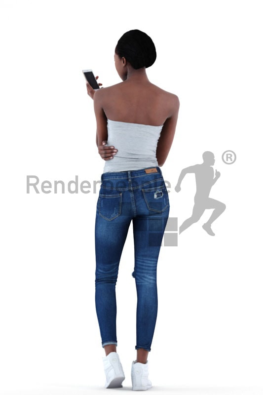 3d people casual, black 3d woman standing and looking at her phone
