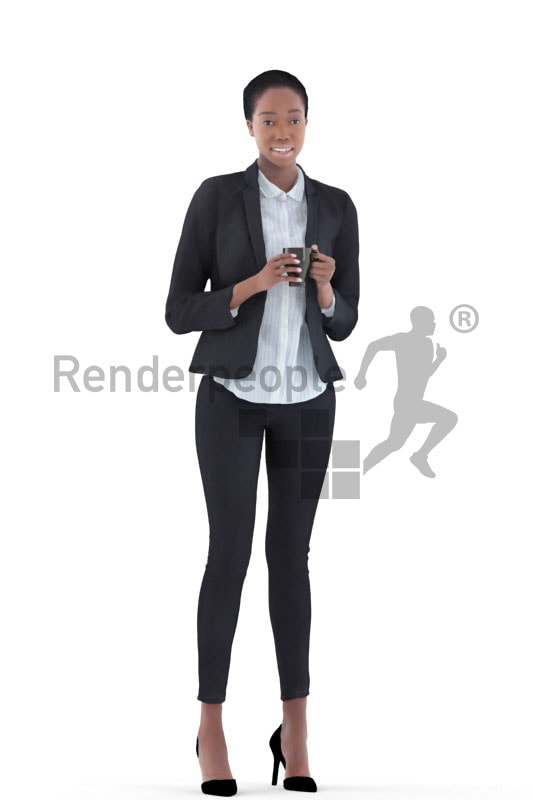 3d people business, black 3d woman standing and holding a cup