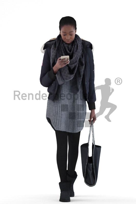 3d people casual, black 3d woman walking and carrying a bag and typing on her smartphone