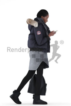 3d people casual, black 3d woman walking and carrying a bag and typing on her smartphone