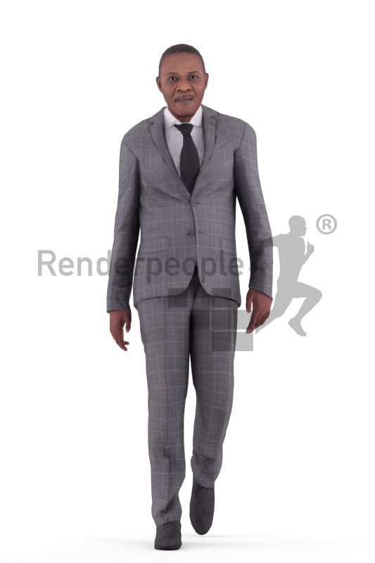 Animated 3D People model for realtime, VR and AR – elderly black man in business suit, walking