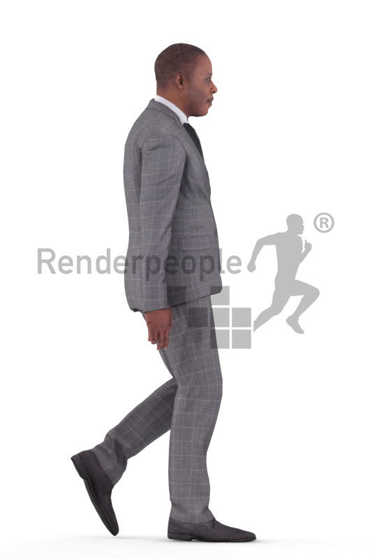 Animated 3D People model for realtime, VR and AR – elderly black man in business suit, walking