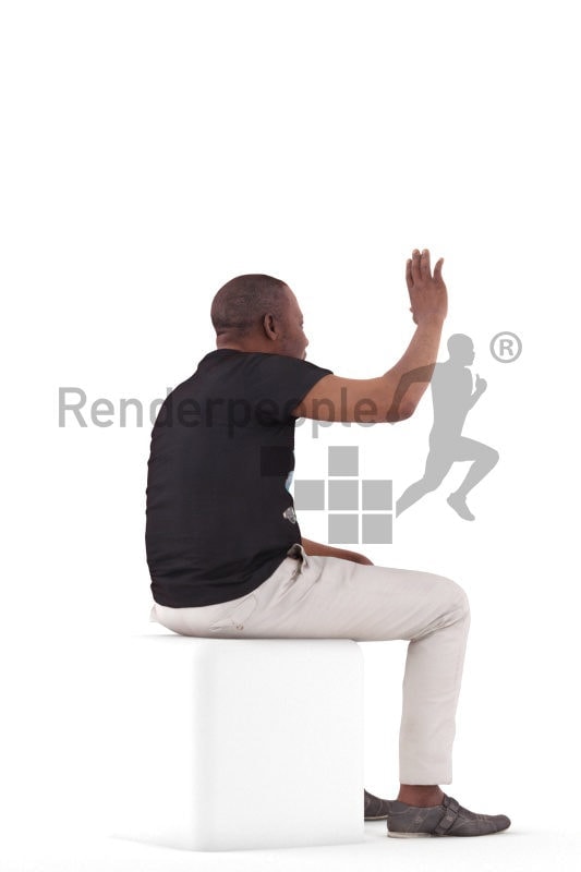 3d people casual, black 3d man sitting and waving