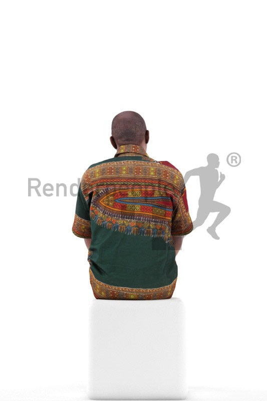 Scanned 3D People model for visualization – best ager black man in traditional shirt, sitting and listening