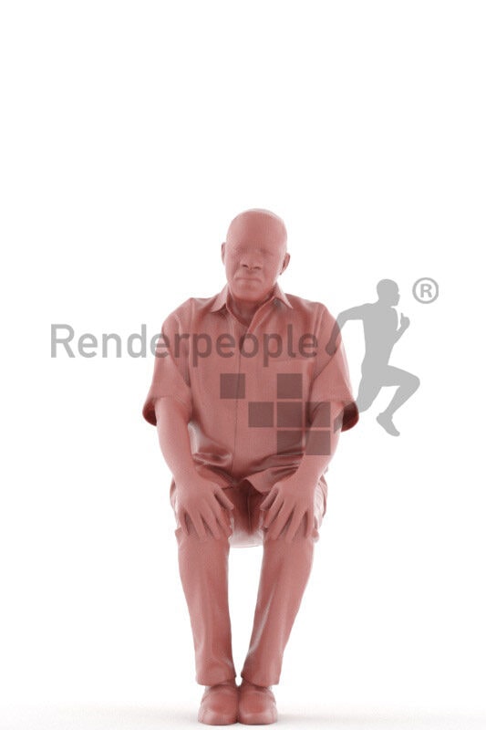 Scanned 3D People model for visualization – best ager black man in traditional shirt, sitting and listening