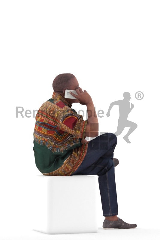 3d people casual, black 3d man sitting and calling somebody