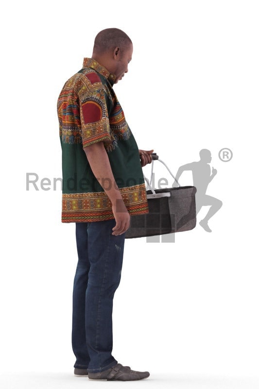 3d people casual, black 3d man standing and holding shopping cart