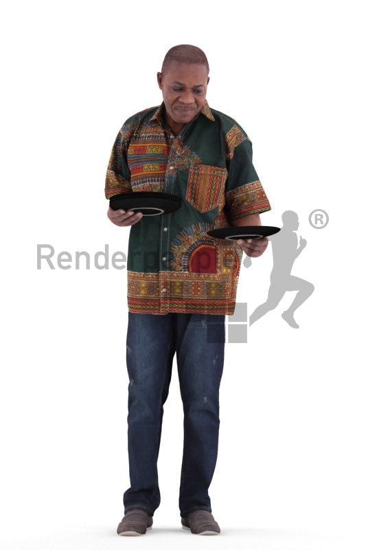 3d people casual, black 3d man standing and holding plates