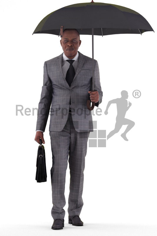 3d people business, black 3d man walking and holding umbrella