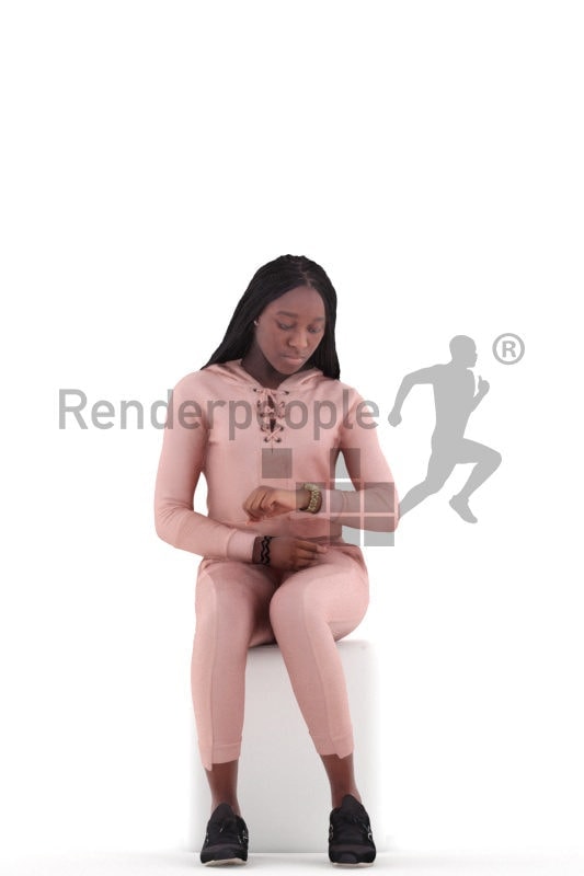 3d people casual, black 3d woman sitting and looking on watch