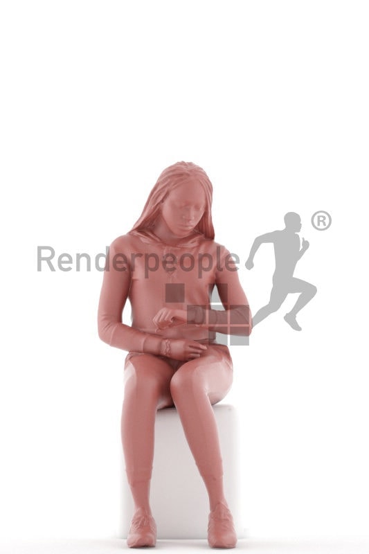 3d people casual, black 3d woman sitting and looking on watch