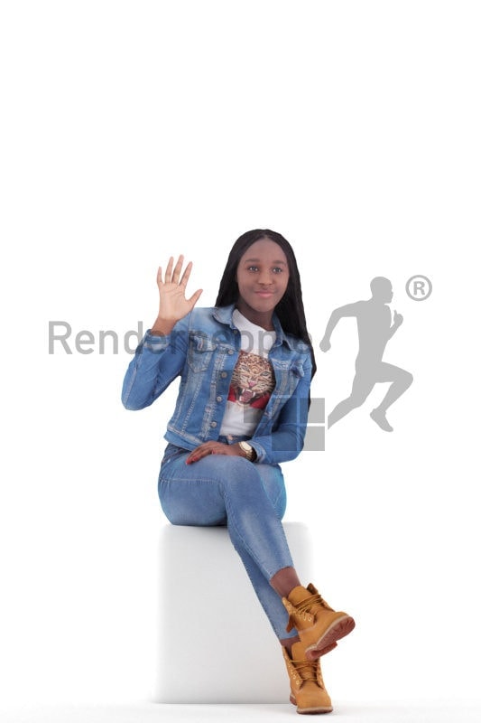 3d people casual, black 3d woman sitting and waving