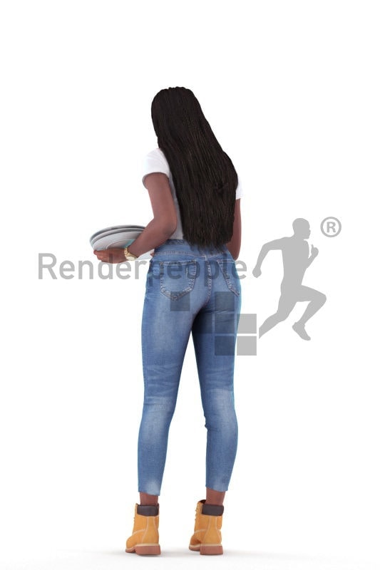 3d people casual, black 3d woman standing and serving plates