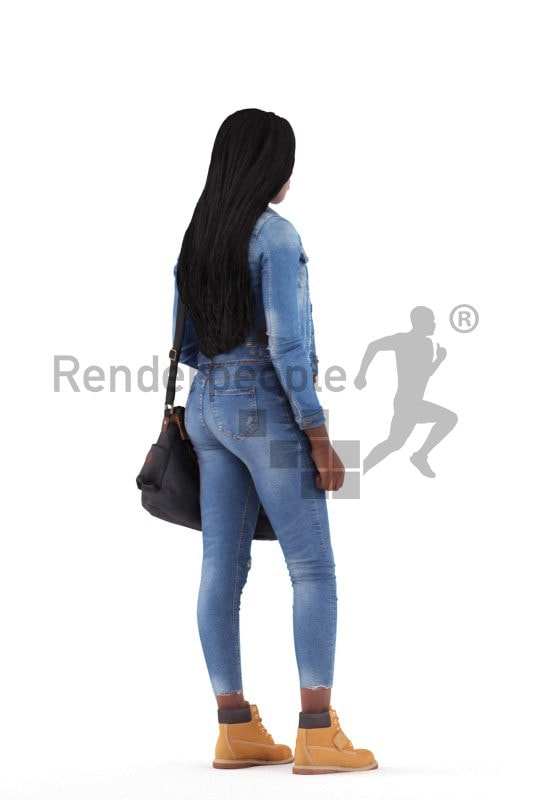 3d people casual, black 3d woman standing and holding bag