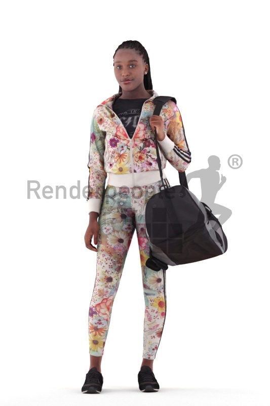 3d people sports, black 3d woman standing and holding a sports bag