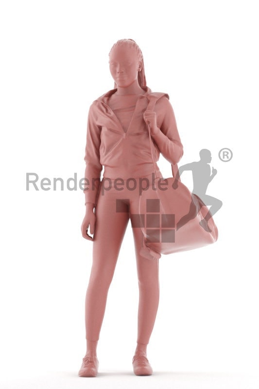 3d people sports, black 3d woman standing and holding a sports bag