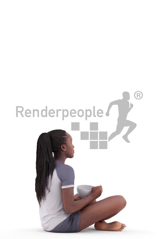 3d people sleepwear, black 3d woman sitting and holding bowl
