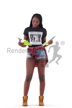 3d people casual, black 3d woman standing and shopping magazines