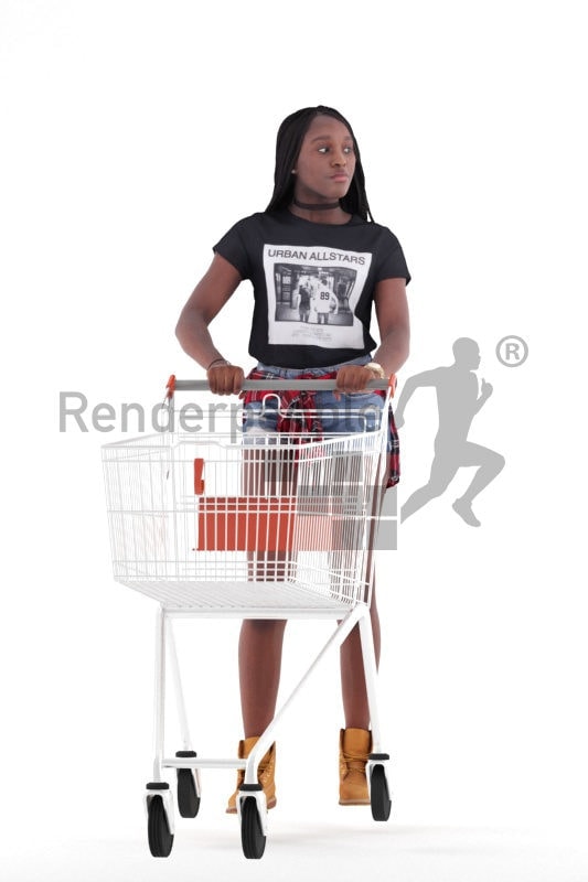 Photorealistic 3D People model by Renderpeople – african woman in daily outfit, carrying a cart in the supermarket