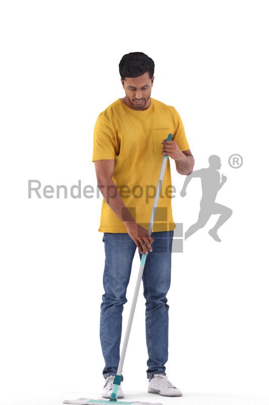 Photorealistic 3D People model by Renderpeople – indian man in casual streetwear, cleaning with mop