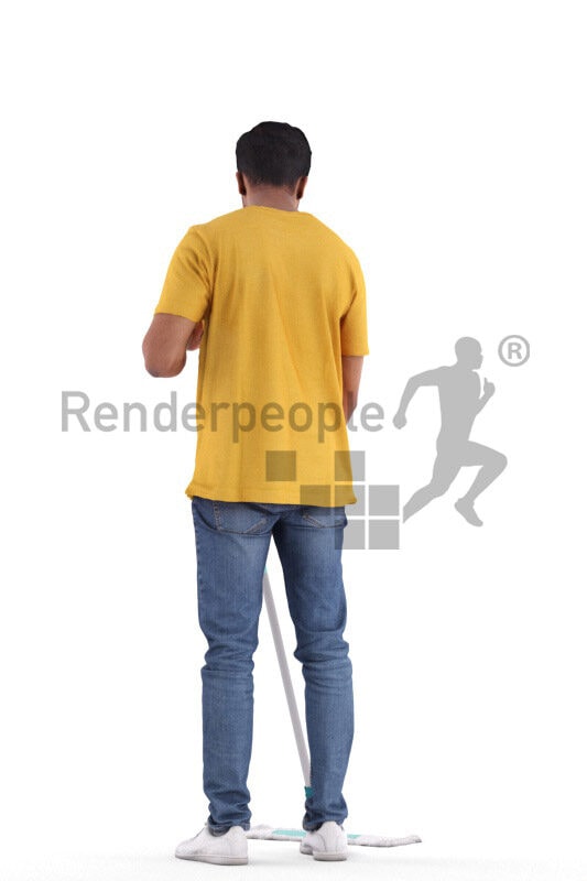 Photorealistic 3D People model by Renderpeople – indian man in casual streetwear, cleaning with mop