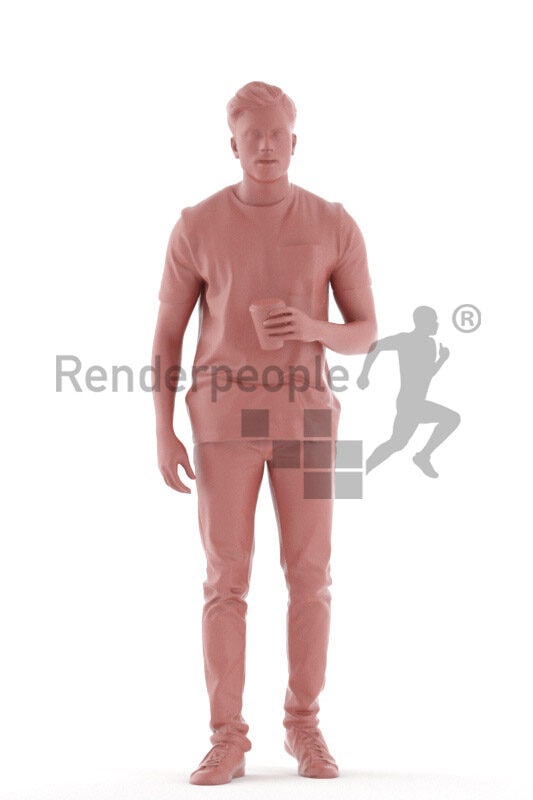Posed 3D People model by Renderpeople – indian man in daily outfit, walking with coffee to go cup