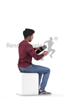Posed 3D People model for renderings – indian man in casual look, sitting and filling his thermo cup