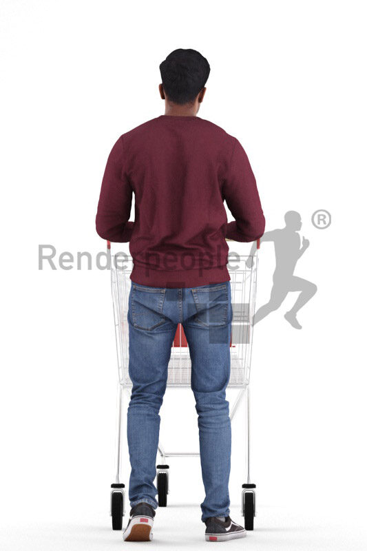 Scanned 3D People model for visualization – indian man in daily pullover, walking with trolley